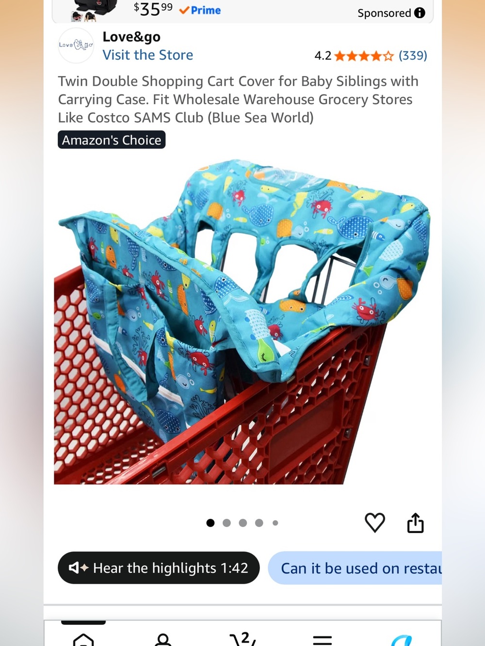 Blue Sea Creatures Double Shopping Cart Cover